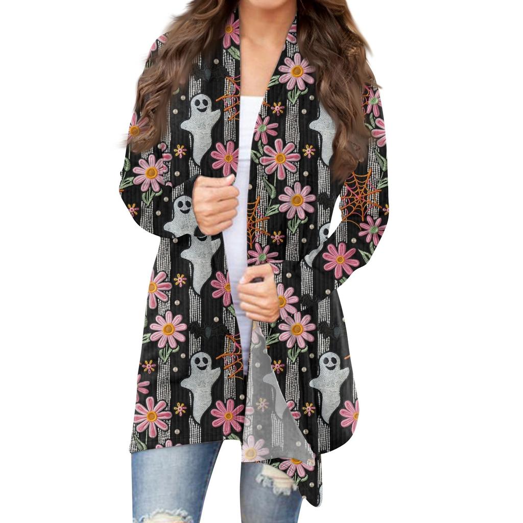 Женская мода повседневная Хэллоуин принтованный длинный рукав кардиган средней длины топы