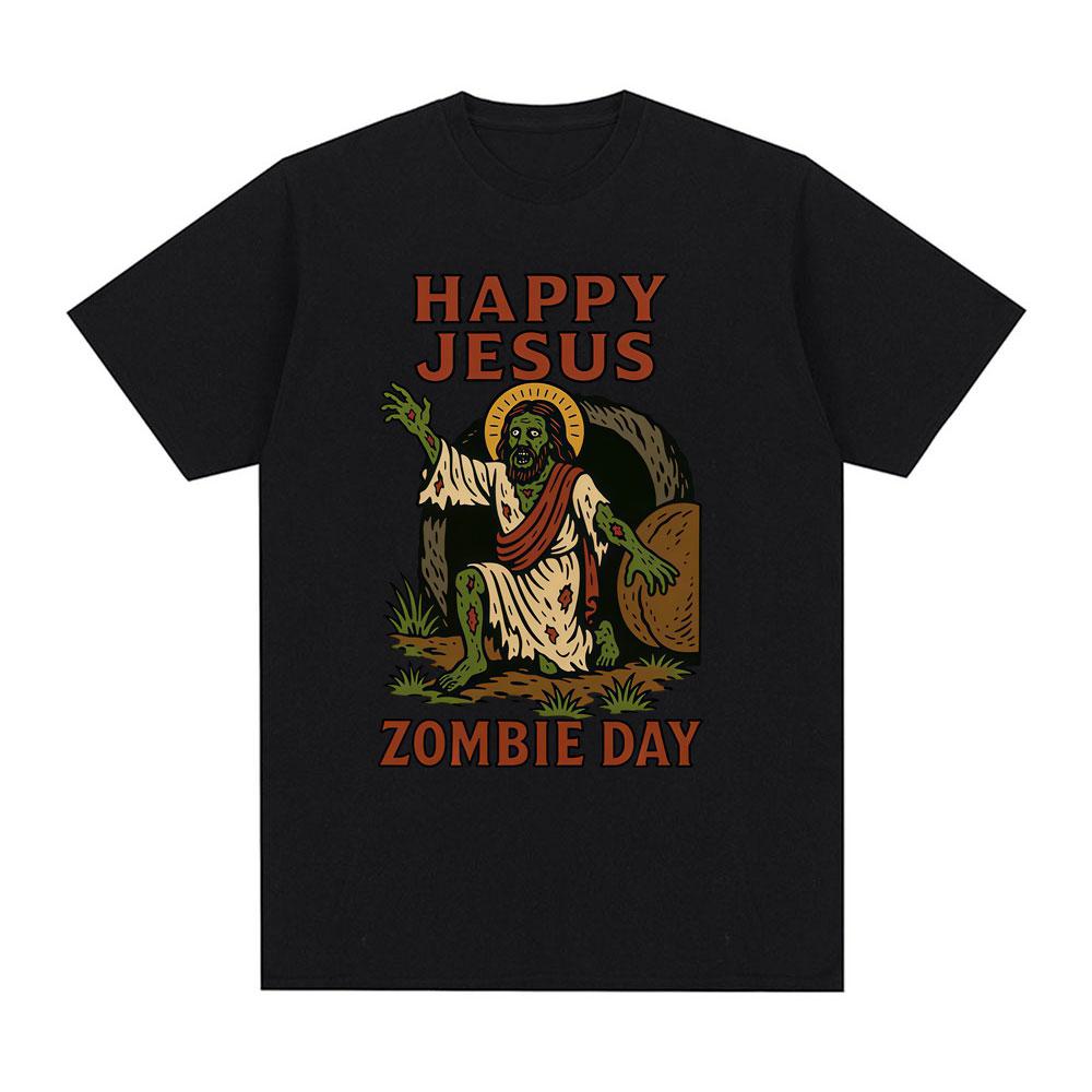 Happy Jesus Zombie Day Funny Meme Graphic 100cotton Unisexs Shirt Oneck Short Sleeve Harajuku Unisexs Fashion Oversized Tshirt