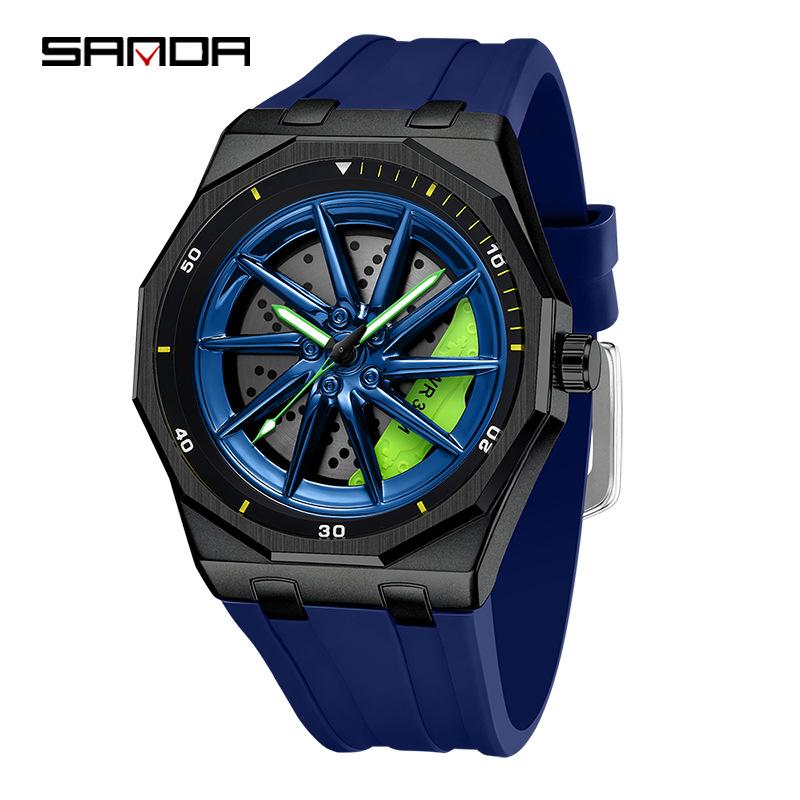Fashion Sanda Top Brand Men's 360° Rotating Car Wheel Skeleton Dial Watch Luminous Quartz Sport Silicone Strap For Student Watch