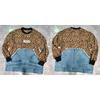 Womens Leopard Patchwork Denim Sweatshirt Loose Fit Streetwear Top Fall Winter
