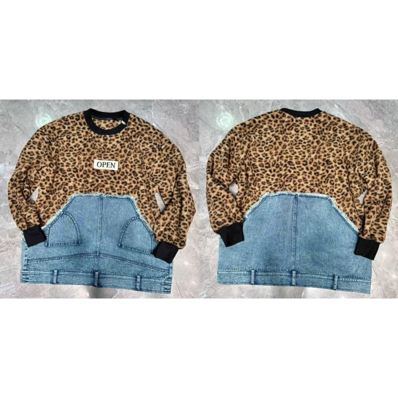 Womens Leopard Patchwork Denim Sweatshirt Loose Fit Streetwear Top Fall Winter