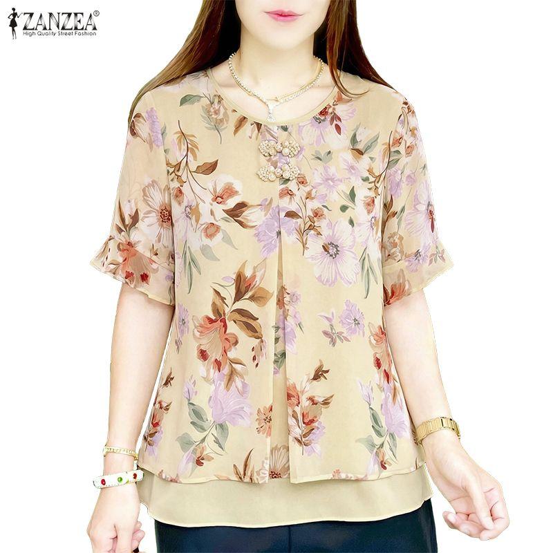 Round Casual Zanzea Neck Women Short Sleeve Floral Print Blouse