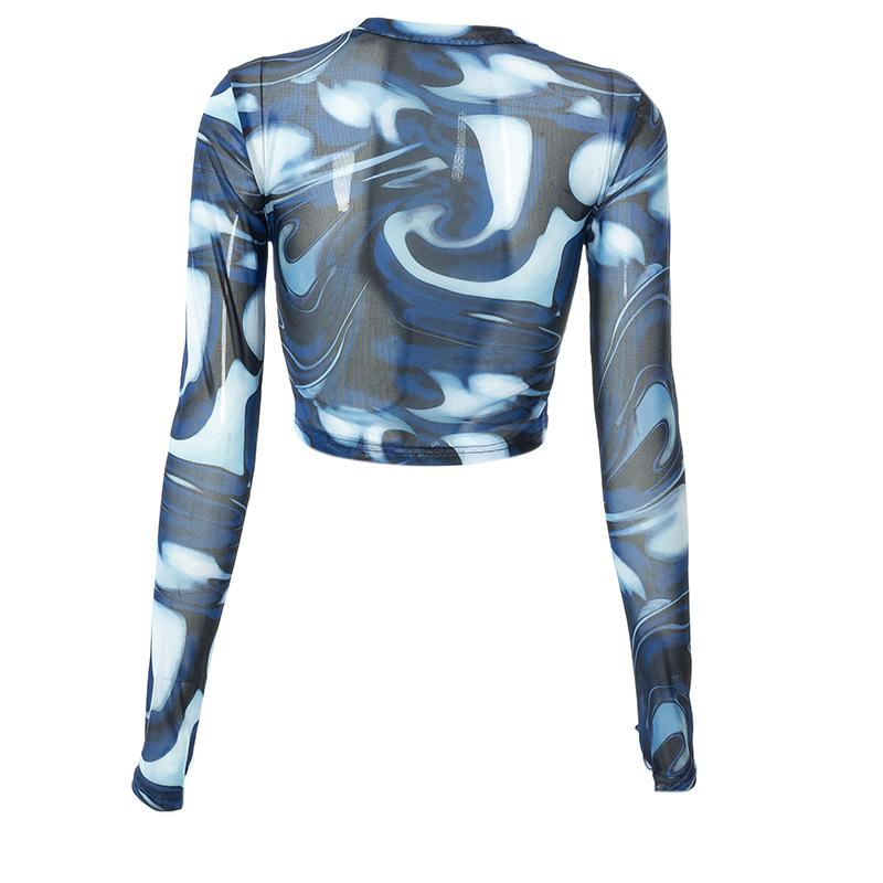 Сексуальный укороченный топ Y2K с винтажным графическим принтом, зеленая сетчатая прозрачная футболка с длинными расклешенными рукавами, облегающая футболка, женская одежда