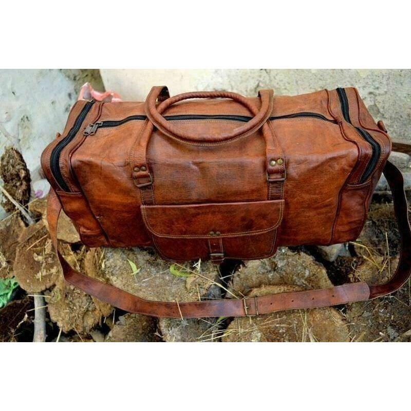 Vintage Genuine Goat Brown Leather Travel Luggage Duffel Weekender Overnight Bag