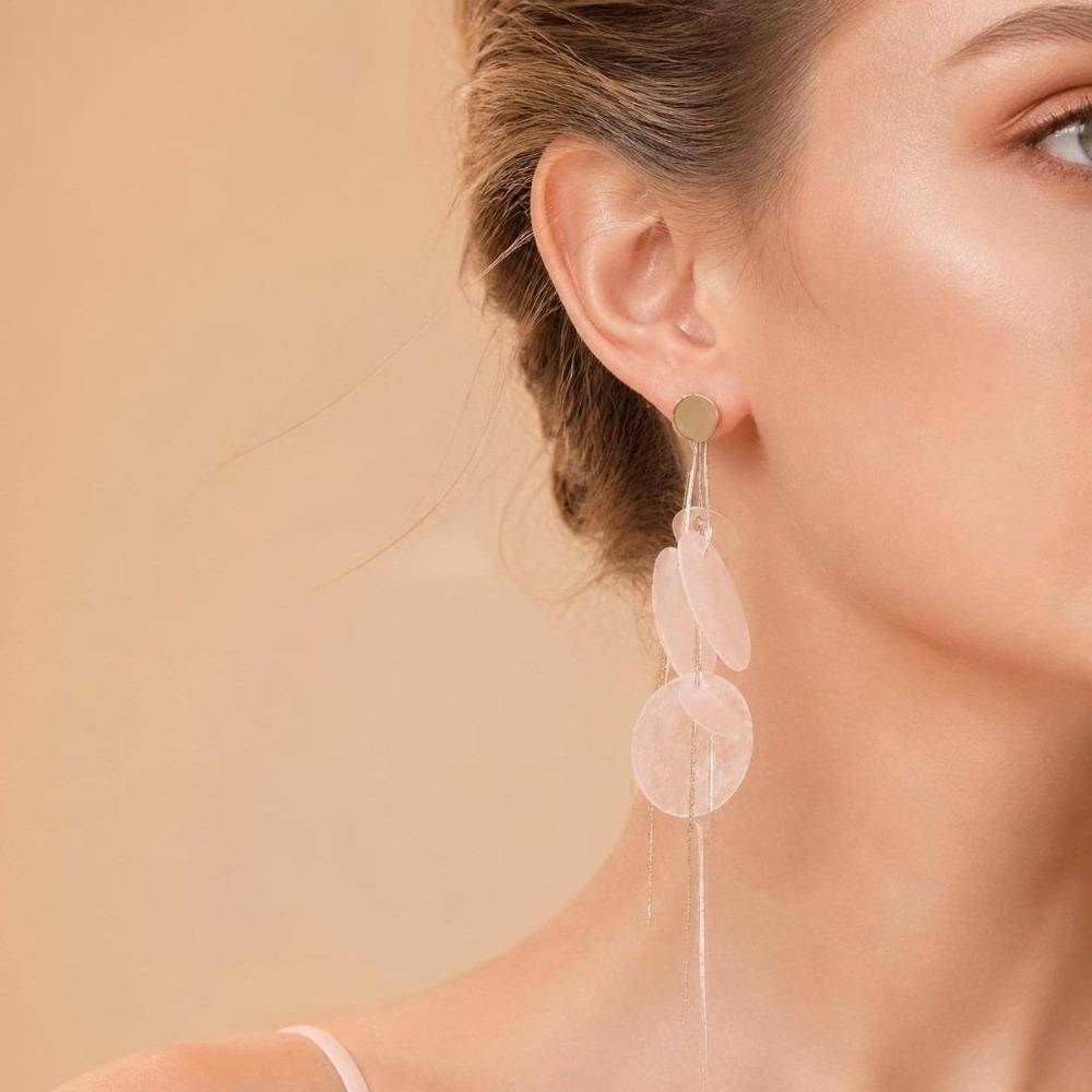 1pair Metal Long Dangle Earrings Round Shell Acrylic Disc Earrings Fringed Drop Earrings Women