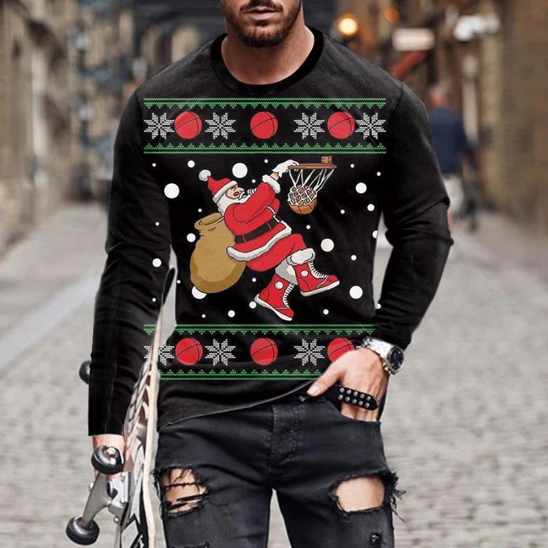 Осенняя футболка, новая мужская футболка с длинным рукавом и цифровым принтом, свободная толстовка с круглым вырезом и рождественским принтом, 3D футболка