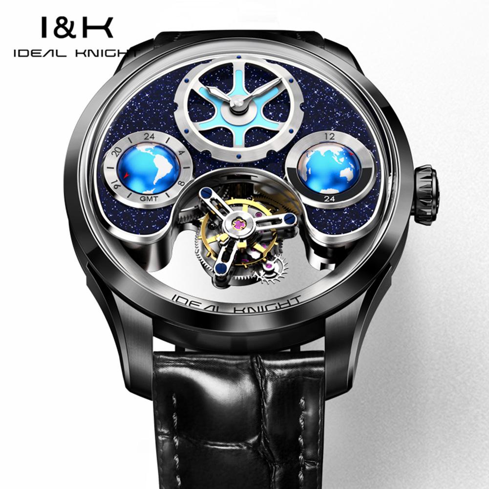 IDEAL KNIGHT 6808 Man Watch Blue Earth Dial Hollow Mechanical Watch For Men Waterproof Tourbillon Men's Automatic Wristwatch