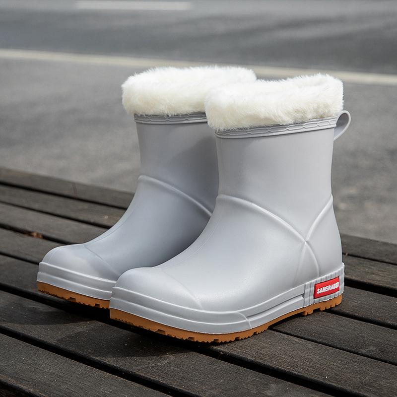 Женские новые водонепроницаемые короткие сапоги-трубы для взрослых, нескользящие, бархатные, теплые, резиновые сапоги