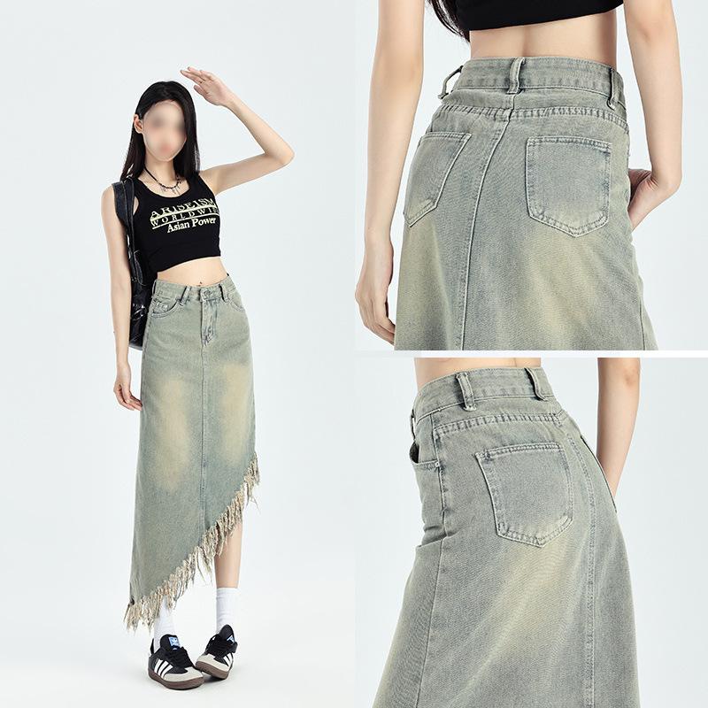 Irregular Tassel Denim Skirt for Women In Summer Design, Small American Retro Hong Kong Style A-line Midi Skirt