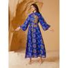 Indonesia Middle East Blue Applique Embroidered Closed Puff Sleeves Belt Dubai Robe Dress Long Dress