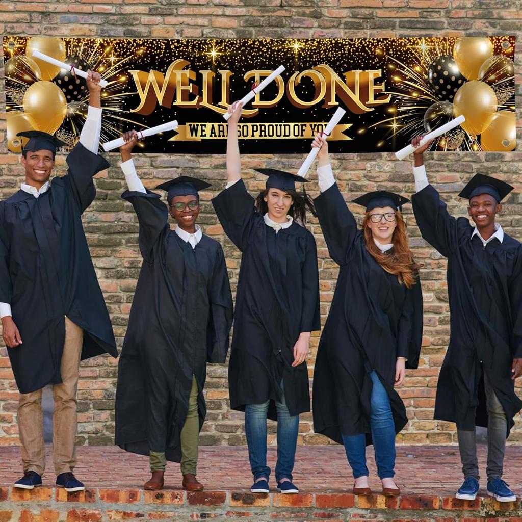 Well Done Congratulations Banner - We Are so Proud of You - Graduation Decorations for Prom - 6 x 1.3ft (Black and Gold)