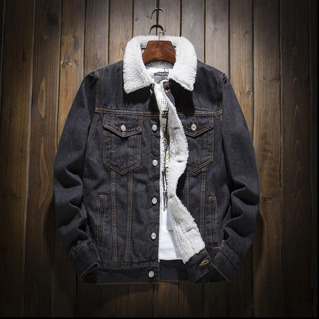 Men's Winter Add Wool Casual Vintage Wash Distressed Denim Jacket Coat