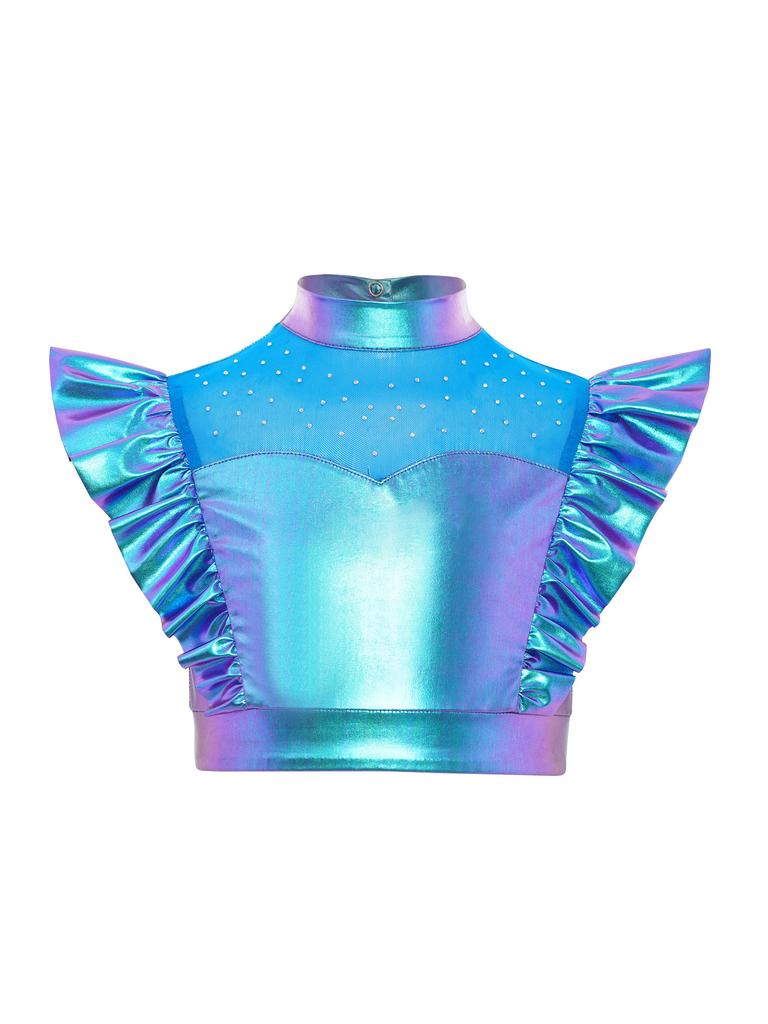 Kids Girls Metallic Tank Tops Mock Neck Mesh Patchwork Rhinestone Adorned Sleeveless Shiny Ruffle Crop Tops with Press Buttons Keyhole Back Dance Shir