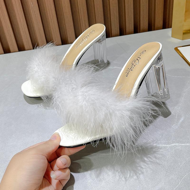 Women Clear Heels Sandals Fluffy Slippers Furry Slides for Women