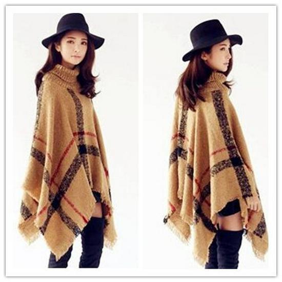 European and American High Neck Plaid Cape - Batwing Sleeve Knitted Pullover Shawl for Women