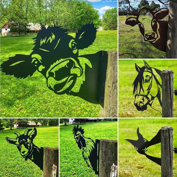 Ферма, подглядывающая корова, крупный рогатый скот, металлическое искусство, подвесное украшение для открытого сада, подглядывающая корова, лошадь, овца, курица, двор, сад, подглядывающая корова, орнамент из стали