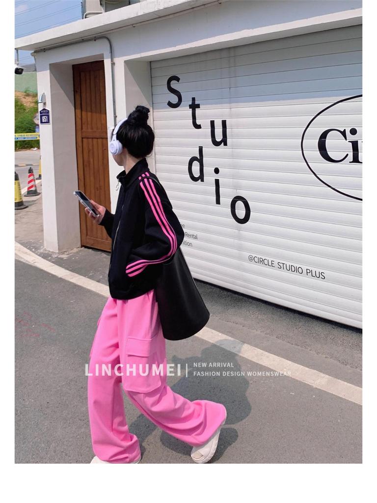 Женская маленькая розовая бейсбольная куртка со стойкой - Спортивная, Повседневная, для весны и осени