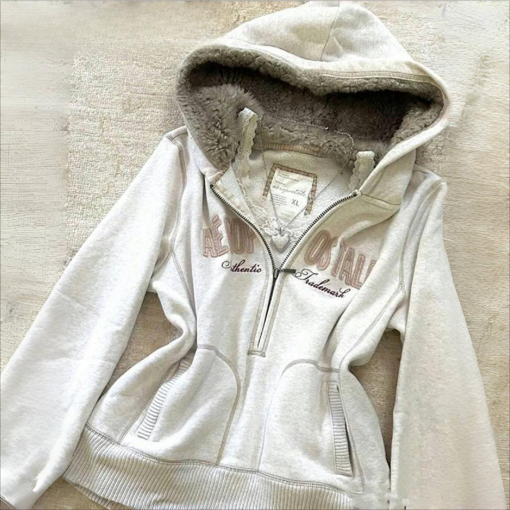 2KWEIRD Y2K Punk Vintage Gray Fleece Hoodie Women Plush Lined Zip Sweatshirt Retro Grunge Streetwear Hot Girl Jacket