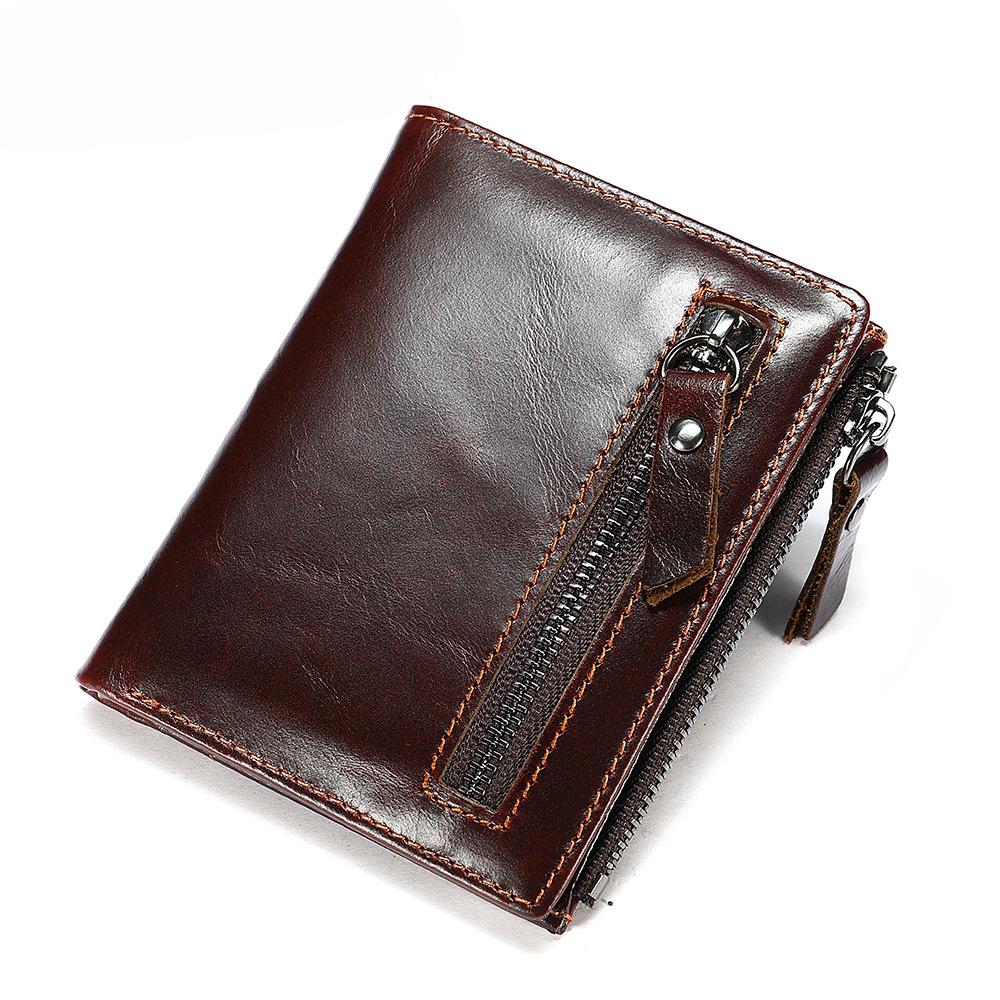 Men's Genuine Oil Waxed Leather Wallet Rfid Anti-theft Swipe Card Bag Multi-card Position Retro Personalized Zipper Wallet