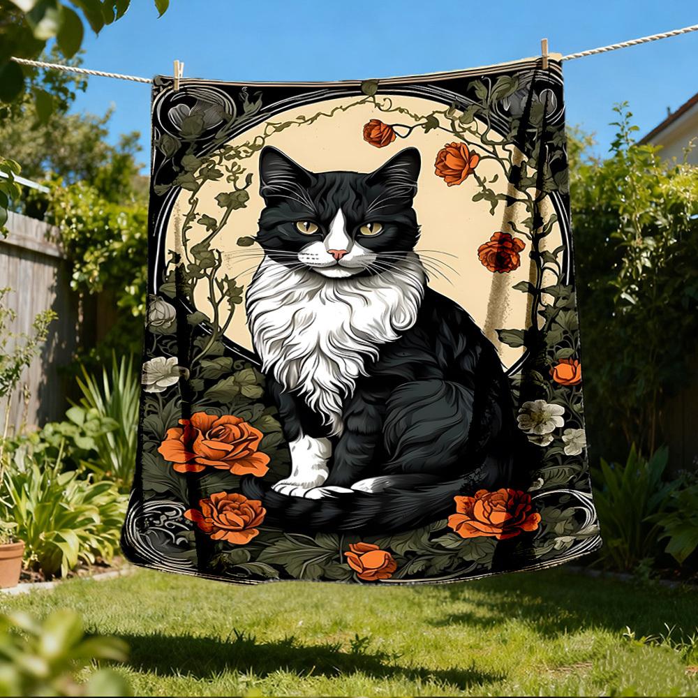 1pc Cat Art Print Outdoor Flannel Blanket Soft All Season Polyester Throw , Perfect for Picnics & Travel , Picnic Accessory