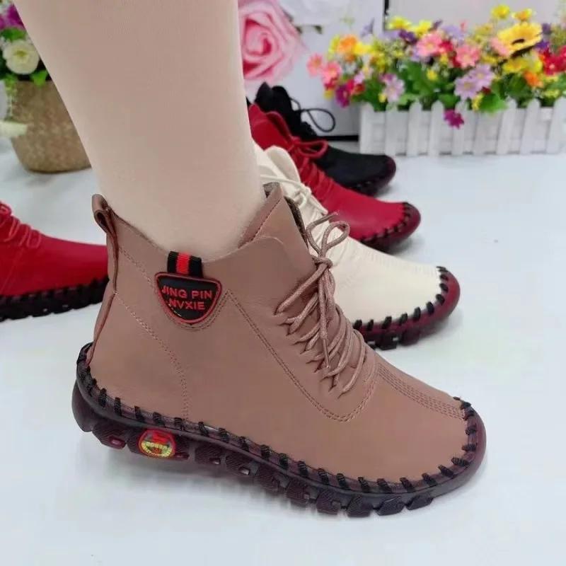 Fashion Women Shoes Autumn Loafers Lace Up Sneakers Casual Flats Solid Soft Bottom Boots Leather High-Top Sneaker Female Shoes2024