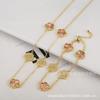 Adjustable Lucky Clover 5-Petal Flower Charm Bracelet Necklace Set Women Gold Plated Copper Jewelry