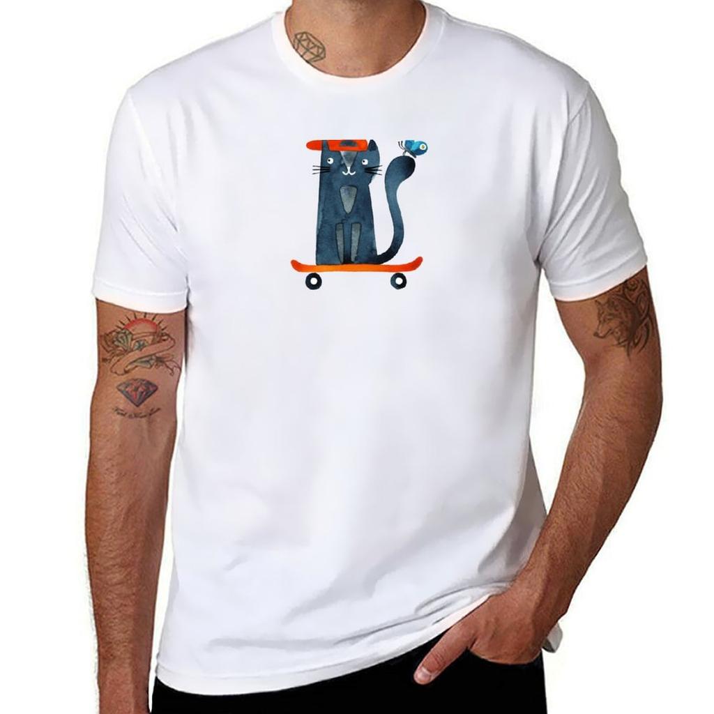 Skate Cat Watercolour Cat Painting Tshirt Lightweight Basic Short Sleeve Shirt