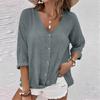 Women's Fashion Casual Solid Color V-Neck Live Button Seven Sleeve T-Shirt Top