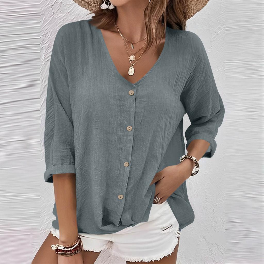 Women's Fashion Casual Solid Color V-Neck Live Button Seven Sleeve T-Shirt Top