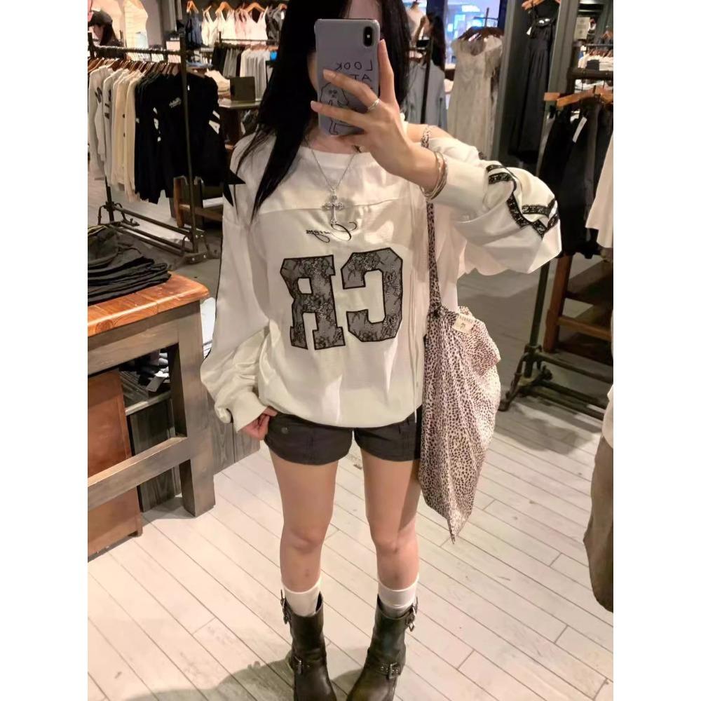 Уличная одежда Y2k Графические толстовки Женские Эстетические кружевные толстовки с открытыми плечами Американские винтажные топы большого размера с длинным рукавом