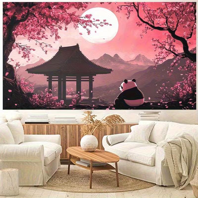 2D Traditional Chinese Pagoda Floral Panda Wall Hanging