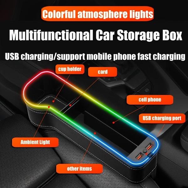 1pcs New Car Crevice Storage Box with 2 USB Charger Colorful LED Seat Gap Slit Pocket Seat Organizer Card Phone Bottle Cups Holder