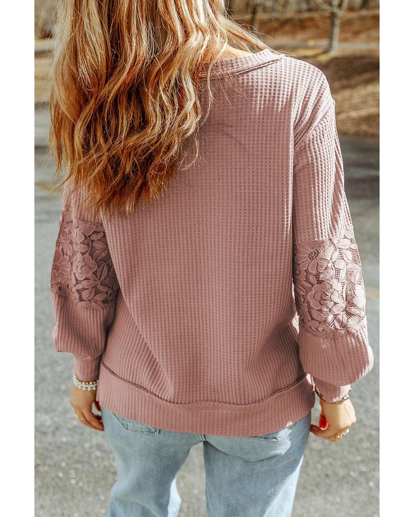 Azura Exchange Розовый кружевной вафельный лоскутный топ на бретелях с V-образным вырезом и длинными рукавами