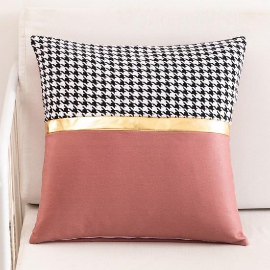 Square Pillow Case Houndstooth Solid Color Golden Strap Splicing Thickened Sofa Bed Decoration Pillow Cushion Cover for Indoor