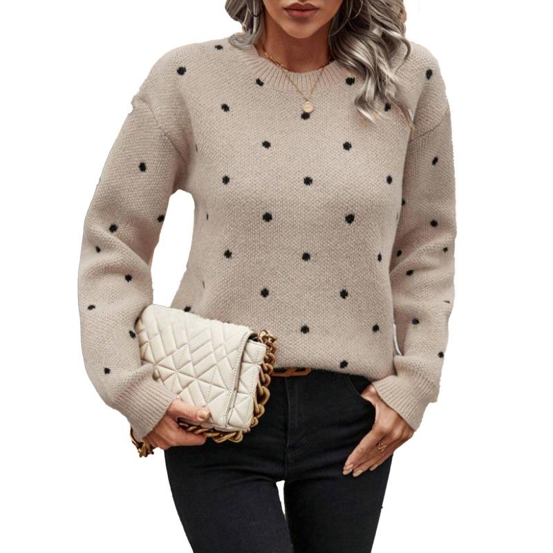 Women S Crew Neck Long Sleeve Pullover Sweater Polka Dot Jacquard Knit Top