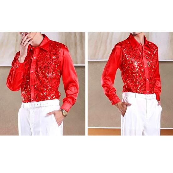 Мужская роскошная рубашка с блестками, однобортная однобортная рубашка с лацканами и длинными рукавами для свадебной сцены, приталенная официальная повседневная рубашка, топы