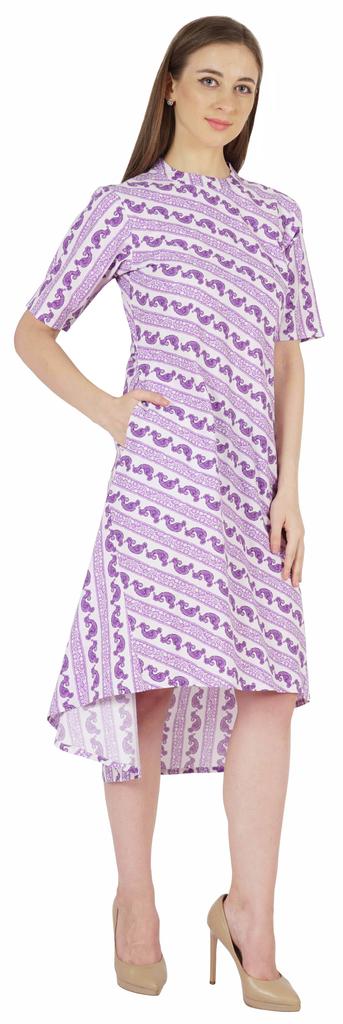 Phagun Printed Cotton Dress W Pockets Mandarin Collar Asymmetrical Knee Length Dress For