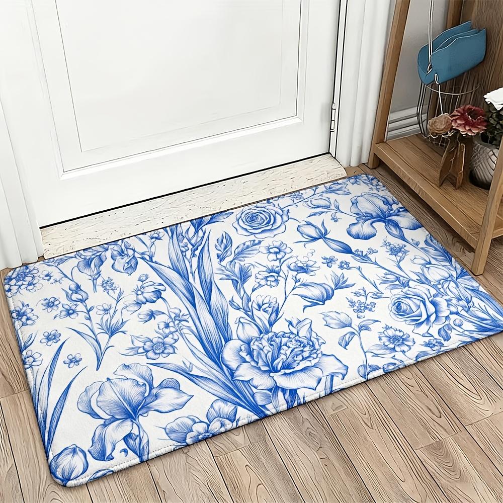 Blue White Floral Pattern Doormat Entrance Mat Home Decor Area Rug Botanical Design Indoor Outdoor Mat for Bathroom Hallway 40x6