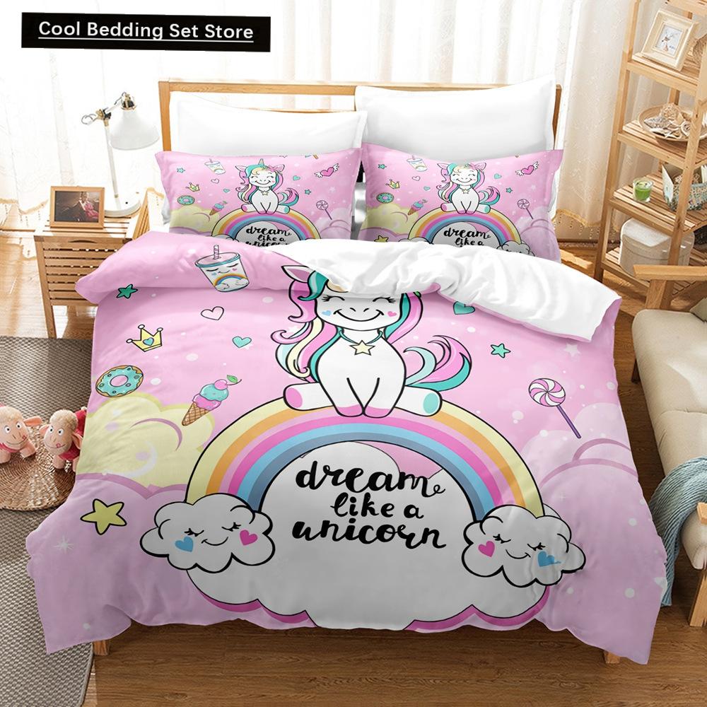 Комплект постельного белья Rainbow Unicorn Kawaii с изображением мультяшных животных для детей и девочек, 2/3 шт., односпальный, двуспальный, двуспальный, комплект пододеяльников размера Queen