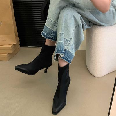 Уличный стиль женские ботильоны модные элегантные туфли на молнии осень-зима высокие каблуки женские эластичные современные короткие ботильоны