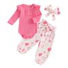 Baby Girls Valentine's Day Pants Sets Long Sleeve O Neck Romper Heart Print Pants Headband Sets