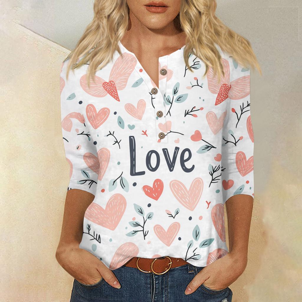Женская мода повседневная блузка с пуговицами и рукавом 3/4 с принтом ко Дню святого Валентина