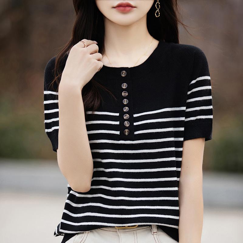 Женская вязаная футболка MODERN NEW SAGA, летняя вязаная рубашка, полосатые футболки с короткими рукавами, пуловер с круглым вырезом, вязаные топы