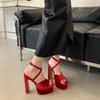 Весна/Лето Женская Обувь Бархат Красный Квадратный Носок Толстый Высокий Каблук 13СМ Высокий Каблук Женские Сандалии 35-42 Высокие Каблуки