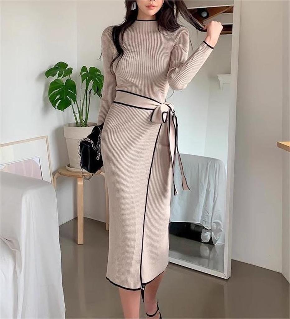 Morris coo Элегантное вязаное облегающее Красивое Длинное Стройнящее Идеально для свиданий Одно платье, Женское, Длинное, Облегающее, Черное, Рукава, Образ, (JP, Алфавит, Размер,