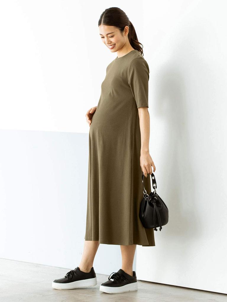 ANGELIEBE Maternity Nursing Mouth Teleco Short Sleeve Dress Prenatal and Postnatal Nursing Clothes Calf Length Khaki 29191302 A-Line M-L