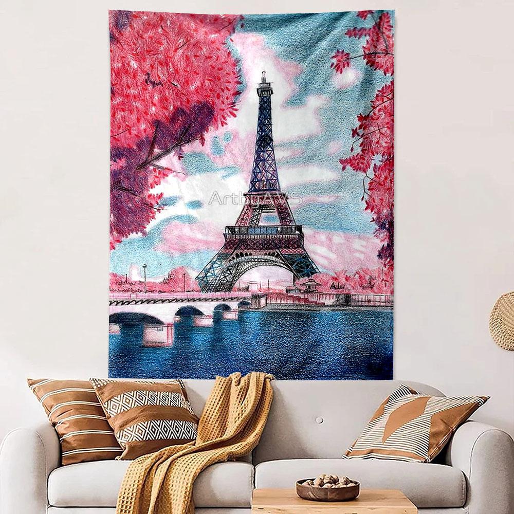 Eiffel Tower Paris Colored Pencil Art Pink Cherry Blossoms River Wall Tapestry Travel Decor for Bedroom Living Room Dorm
