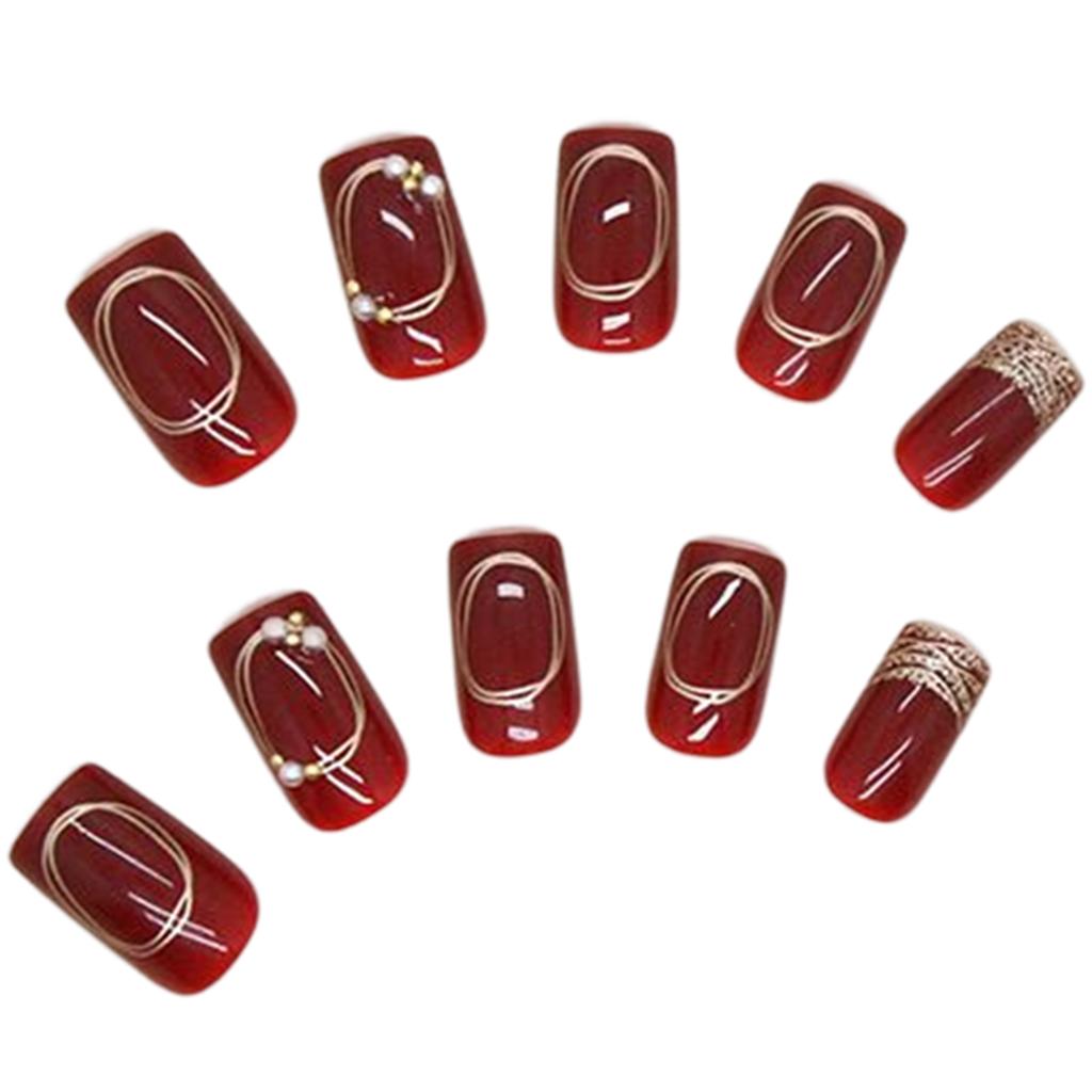 Wine Red Glossy Fake Nails New Year Square Tips Reusable Artificial Nail for Daily Students Nail Decoration