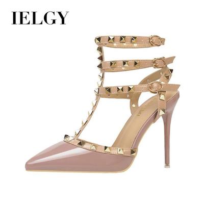 Модные сандалии, женские модные туфли на тонком каблуке 10 см из лакированной кожи с заклепками, полые римские высокие каблуки