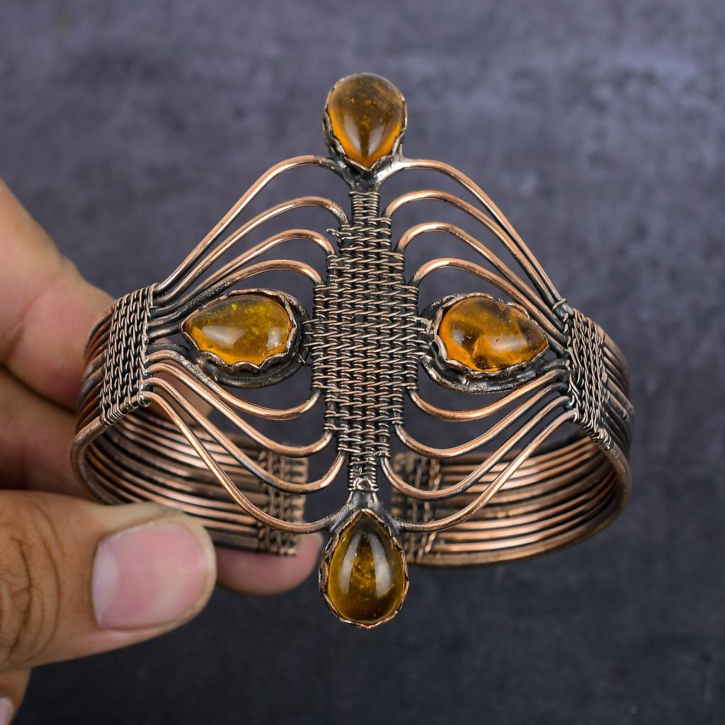 Citrine Gemstone Handmade Copper Wire Wrap Cuff Bangle Adjustable f3h60